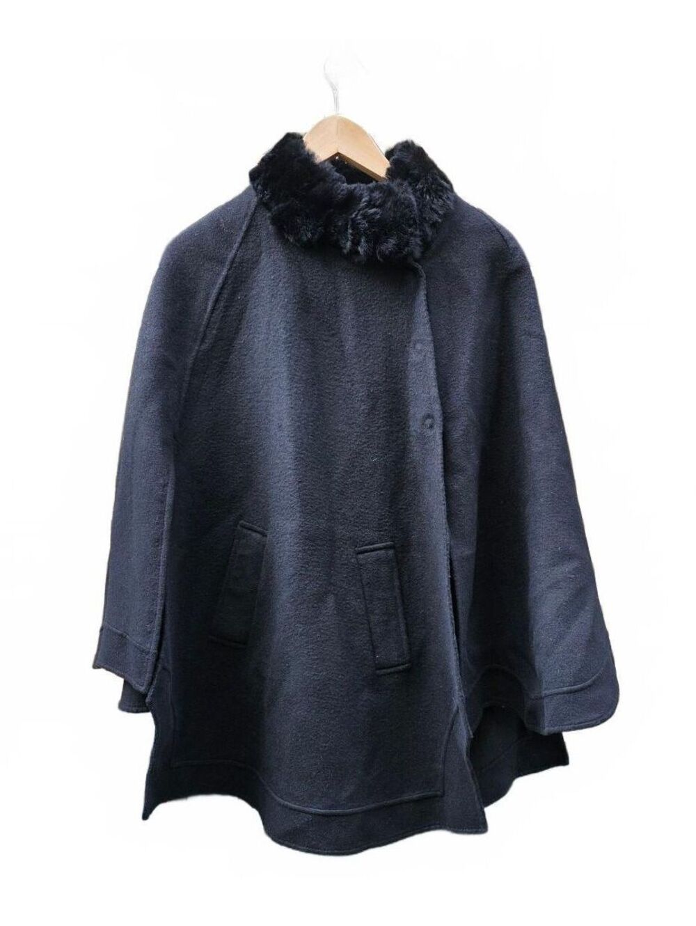 Retro Black Wool Blend Cape With Rex Rabbit Fur Collar Classic Glam Small